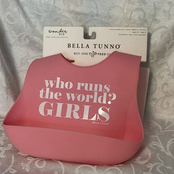 NIP Pink Silicone Bib Who Runs the World? Girls Bella Tunno Gift Baby - Picture 1 of 5